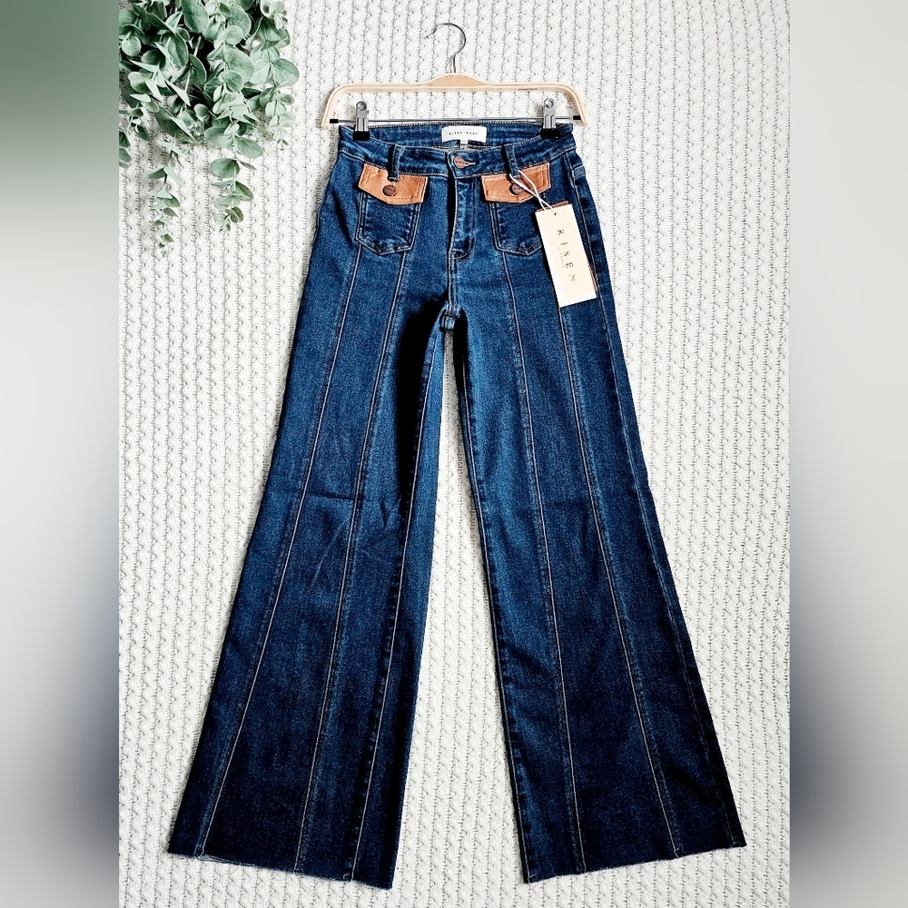 RISEN HR Dark Wide Flare Jeans Front Seam Leather Flap Patch Pocket Various NEW - Picture 4 of 13